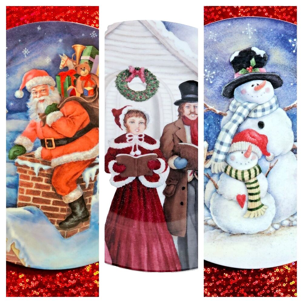 Christmas Plate Lot of 3  Seasonal Holiday Home Decor Snowman Santa 8" Round VG